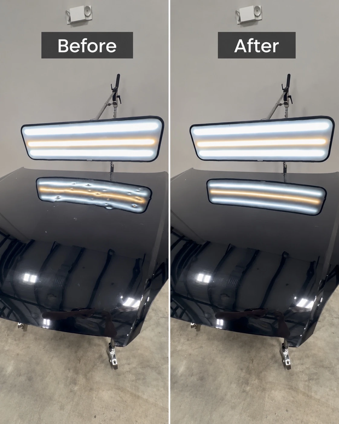 Before and after hail damage repair result